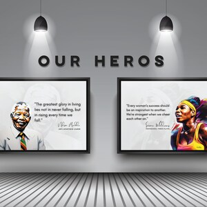 K&ouml;nnte beinhalten: Zwei gerahmte Poster mit inspirierenden Zitaten und Portr&auml;ts von Nelson Mandela und Serena Williams. Das Zitat von Nelson Mandela lautet: &bdquo;Der gr&ouml;&szlig;te Ruhm im Leben liegt nicht darin, niemals zu fallen, sondern darin, sich jedes Mal wieder aufzurichten, wenn man f&auml;llt.&ldquo; Das Zitat von Serena Williams lautet: &bdquo;Der Erfolg jeder Frau sollte eine Inspiration f&uuml;r eine andere sein. Wir sind am st&auml;rksten, wenn wir uns gegenseitig anfeuern.&ldquo;