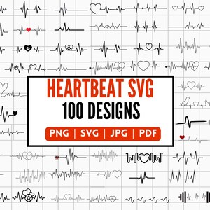 May include: A digital image showing 100 different heartbeat designs in black and white. The designs include various heart shapes, animal silhouettes, and other symbols. The text "HEARTBEAT SVG 100 DESIGNS" is in red and black letters. The text "PNG | SVG | JPG | PDF" is in black letters.