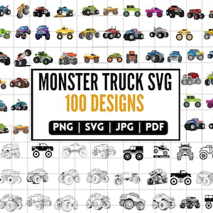 Monstertruck 100 SVG Mega Bundle, Extremfahrzeug, Jungen-Geburtstags-Dekor-Elemente, Off-Road-Truck Clipart, Monster-Truck-Sublimationsdesign