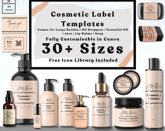 May include: A set of cosmetic label templates for various products, including bottles, jars, and soap. The templates feature a pink and white color scheme with the text "Cosmetic Label Templates" and "30+ Sizes". The text "Comes for Large Bottles | Oil Droppers | Essential Oil | Jars | Lip Balms | Soap" and "Fully Customisable in Canva" is also included. The templates are designed for use with Canva.
