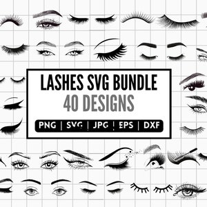 40 Wimpern SVG Bundle, Wimpern und Augenbrauen geschnittene Dateien, Wimpern Laserdateien für Schneidemaschinen, Mädchenmode SVG, Mascara Wimpern PNG Design