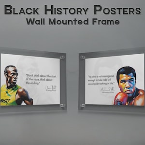 K&ouml;nnte beinhalten: Zwei gerahmte Poster mit Portr&auml;ts von Usain Bolt und Muhammad Ali mit inspirierenden Zitaten. Die Poster sind an einer grauen Wand montiert.