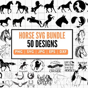 Paquete SVG de 50 caballos, SVG de cabeza de caballo, diseño SVG de caballo corriendo, diseños de sublimaciones de caballos, archivos de corte de caballo para Cricut, Silhoutte y más