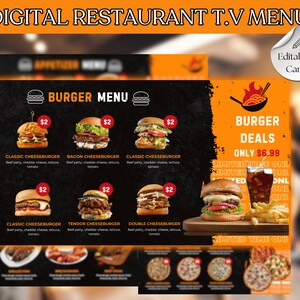 Plantilla de menú digital editable, plantilla de menú de visualización de TV animada, plantilla de menú de barbacoa y asador grande, plantilla Canva, descarga digital