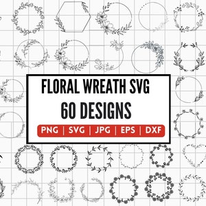 60 Blumenkranz SVG-Designs, blumiger Kreisrahmen PNG, Hochzeitskranz, Frühlingsblumenkranz-Monogramm, Kranz Sublimationsschnitt-Dateien