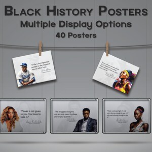 K&ouml;nnte beinhalten: Ein Satz von 40 Black-History-Postern mit Zitaten von bekannten Pers&ouml;nlichkeiten wie Jackie Robinson, Serena Williams und Beyonc&eacute; Knowles-Carter. Die Poster sind an einer grauen Wand mit W&auml;scheklammern an einer Schnur befestigt.