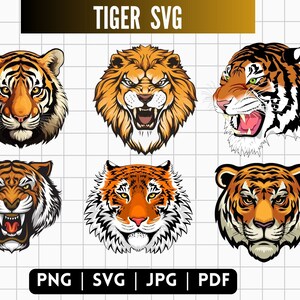 May include: Six different illustrations of tiger heads. The tigers are depicted in a cartoon style with orange, black, and white fur. The tigers have different expressions, including a fierce growl, a closed mouth, and a wide open mouth.