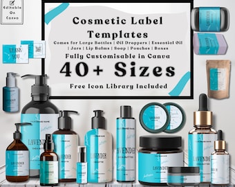 Puede incluir: Una colección de plantillas de etiquetas cosméticas que presentan una variedad de envases, incluyendo botellas, frascos y bolsas. Las etiquetas son personalizables en Canva y vienen en más de 40 tamaños. El texto en las etiquetas dice "Plantillas de etiquetas cosméticas", "Válido para botellas grandes | Gotas de aceite | Aceite esencial | Frascos | Bálsamos labiales | Jabón | Bolsas | Cajas", "Totalmente personalizable en Canva", "40+ tamaños" y "Biblioteca de iconos gratuita incluida".