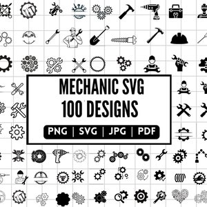 Może przedstawiać: Zestaw 100 czarno-białych wzorów SVG mechanicznych. Wzory obejmują narzędzia, koła zębate i inne obrazy związane z mechaniką. Tekst "Mechanic SVG 100 Designs" znajduje się w środku obrazu. Tekst "PNG | SVG | JPG | PDF" znajduje się pod tytułem.