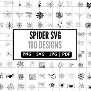 Puede incluir: Una colección de 100 diseños de telarañas en blanco y negro. Los diseños están en formato de cuadrícula e incluyen varias formas y tamaños de telarañas. El texto "SPIDER SVG 100 DESIGNS PNG | SVG | JPG | PDF" está en el centro de la imagen.