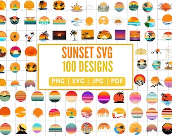 Retro Sunset SVG Bundle, Vintage Palm Tree Sunset,Vintage Retro Sunset PNG, Retro Circle SVG,Distressed Sunset, Retro Sunset T-Shirt Designs