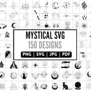 Puede incluir: Un conjunto de 150 diseños místicos de ilustración digital en blanco y negro. Los diseños incluyen lunas, estrellas, manos, ojos, cristales y otros símbolos místicos. El texto "MYSTICAL SVG 150 DESIGNS" está en el centro de la imagen. El texto "PNG | SVG | JPG | PDF" está debajo del texto principal.