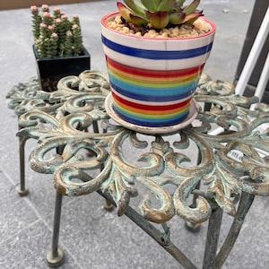 Puede incluir: Una planta suculenta en una maceta de cerámica rayada de colores se encuentra sobre un soporte de metal decorativo con un acabado de pátina verde.