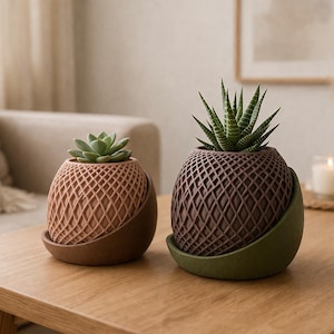 May include: Two decorative planters with succulents. The planters are spherical with a lattice design and a curved base. One is light brown with a dark brown base, and the other is dark brown with a green base. They sit on a wooden table.