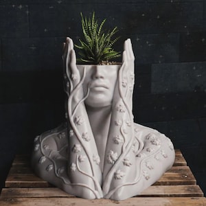 Puede incluir: Una maceta de busto blanco con un rostro humano y manos que cubren las orejas. La cabeza es una maceta con una planta suculenta verde. El busto está decorado con enredaderas y pequeñas flores.