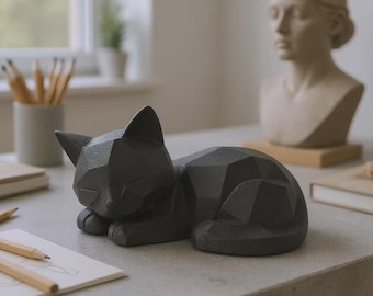 3D Printed Sleeping Kitten Figurine: Minimalist Cat Sculpture