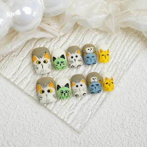 Adorable Kitten Nails, hand painted kittens with intricate details, for cat lovers, hand crafted nails, faux nails, premium press on nails