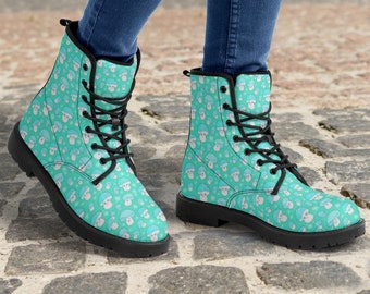 Aqua Blue Kawaii Mushroom Leather Boots Gift for Girl Boy Man Woman