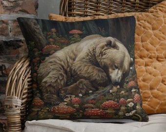 Throw Pillow Dark Cottagecore Mushroom Decor Bear Sleeping in the Woods