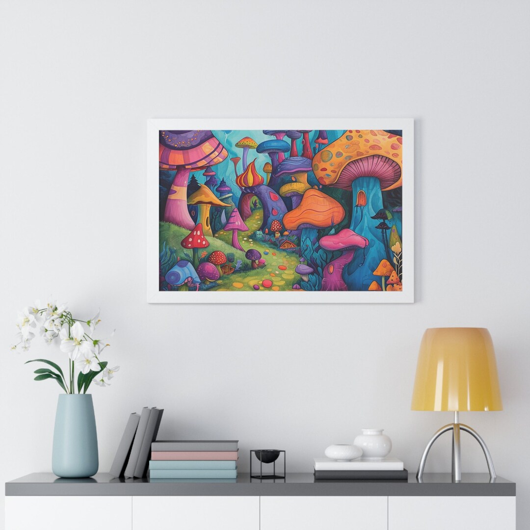 Nursey Framed Wall Art Enchanted Forest Mushrooms Whimsical Cartoon ...