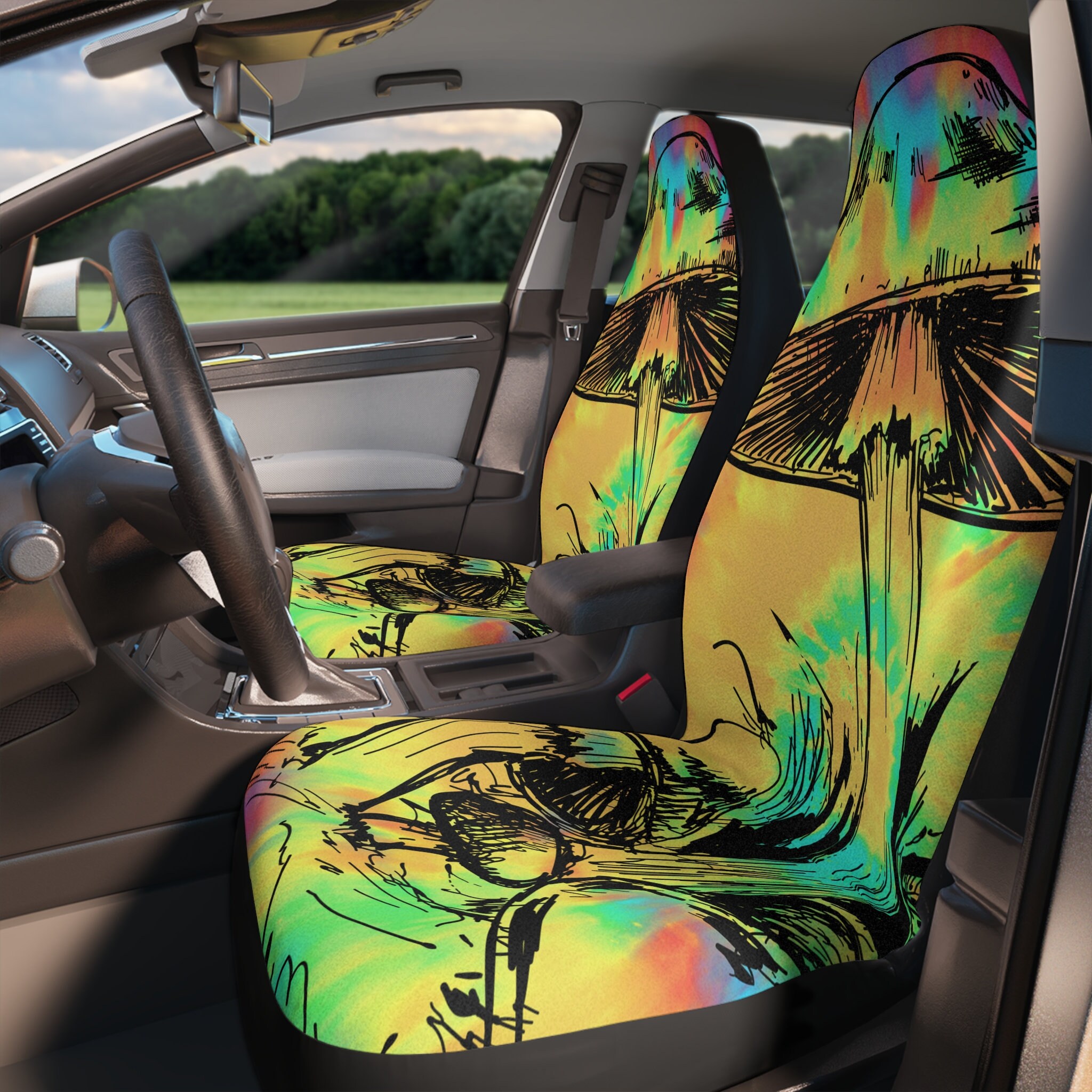 Tie Dye Shrooms Black Sketched Hippie Whimsical Car Seat Covers - Psychedelic Boho Decor