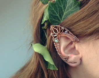 Handmade Amber Elf Ear Cuffs: Wire Wrap Copper Jewelry Set