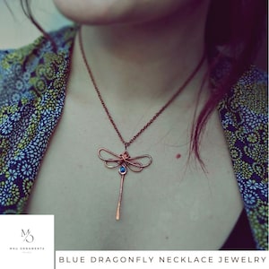 Handmade Copper Dragonfly Necklace: Blue Pendant Jewelry