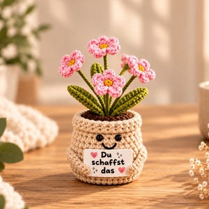 Könnte beinhalten: Eine gehäkelte Topfpflanze mit fünf rosa Blüten mit gelber Mitte und grünen Blättern. Der beige gehäkelte Topf hat ein lächelndes Gesicht und hält ein weißes Schild mit dem Text "Du schaffst das" und zwei kleinen rosa Herzen.