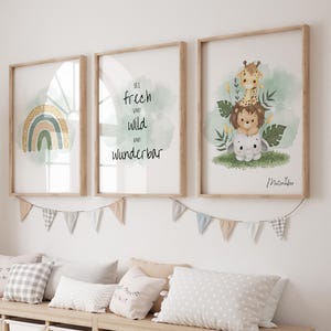 3 carteles de magia de coraje, póster de afirmación A4, decoración de habitación infantil, motivos animales para niños y niñas, póster de pared de arcoíris atrevido, salvaje y maravilloso.