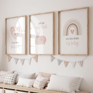 Juego de 3 carteles de coraje mágico, tamaño A4, con texto en inglés "Afirmación", para decoración de habitación infantil, con forma de caracol, corazón, arcoíris, para niños y niñas
