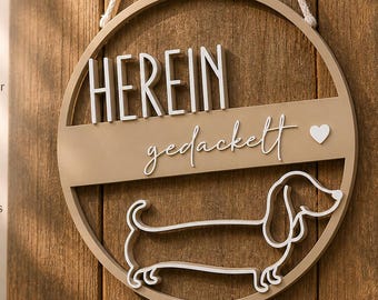 Dackel Türschild „Herein gedackelt“ – Haustür Deko Dackel – Geschenk für Dackelliebhaber – Camper Schild Wohnmobil Deko