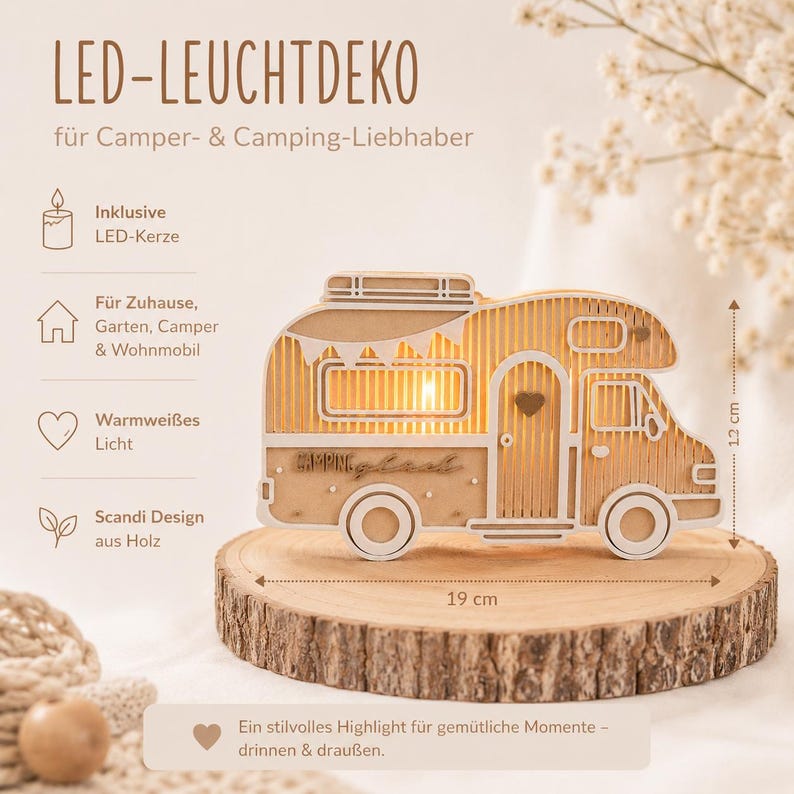 May include: A wooden camper-shaped LED light decoration featuring a warm white glow, a heart-shaped cutout on the door, and bunting details. The item measures 19 cm in width and 12 cm in height, as indicated by the visible measurement markings.