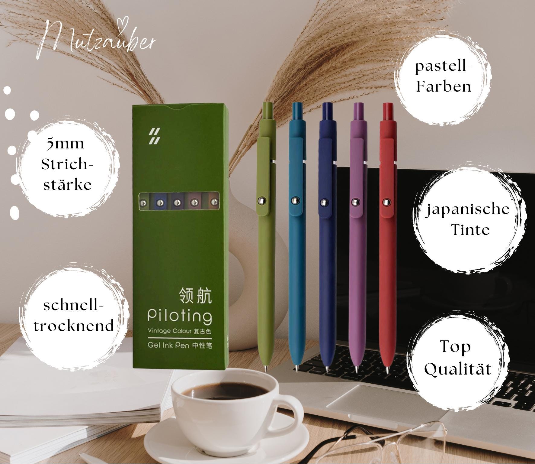 Mutzauber Gelstifte – 5er Set, 0,5 Mm, Japanische Tinte, Weicher Griff