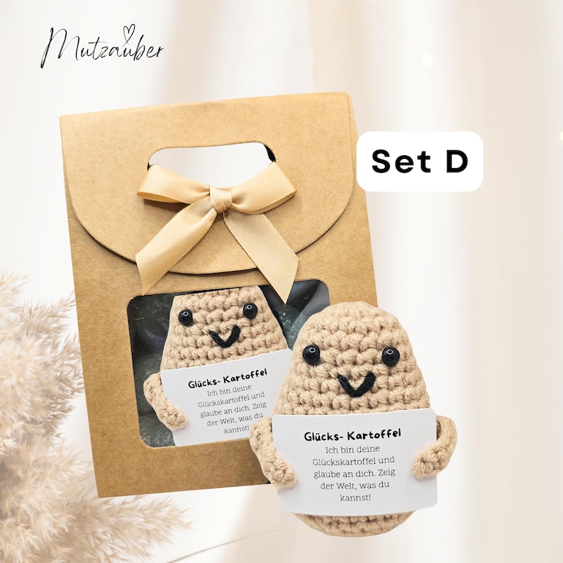 Happy Potato – Pocket Hug Potato in an exclusive box | Motivational gift & lucky charm gift for women, men, girlfriends, and colleagues Set D Deutsch