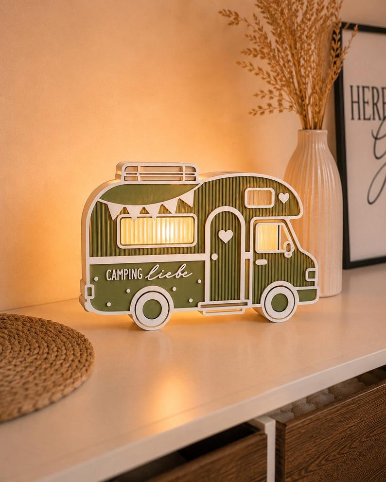 Campervan decor with LED lights | Gift for campers | Camping gift idea | Boho caravan decor | Vanlife decor with candles | Camping love Green