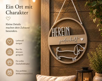 Dackel Türschild „Herein gedackelt“ – Haustür Deko Dackel – Geschenk für Dackelliebhaber – Camper Schild Wohnmobil Deko