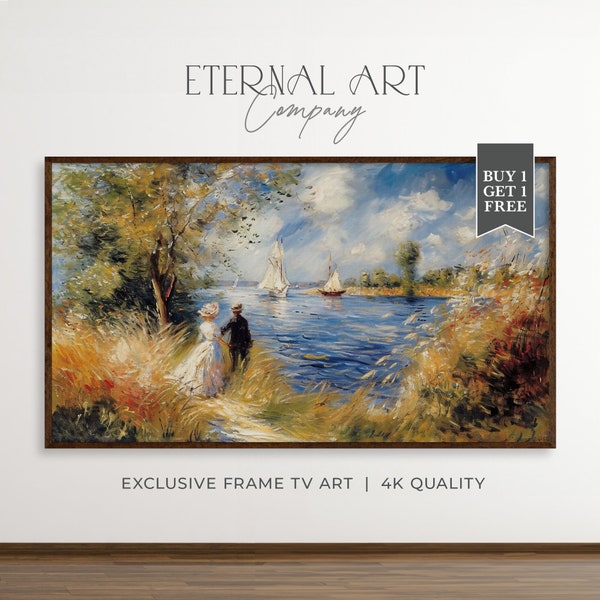 Impressionist Lakeside Serenity Art - Sailboats and Strolling Figures for Samsung Frame TV | AI Digital Download | IMP03