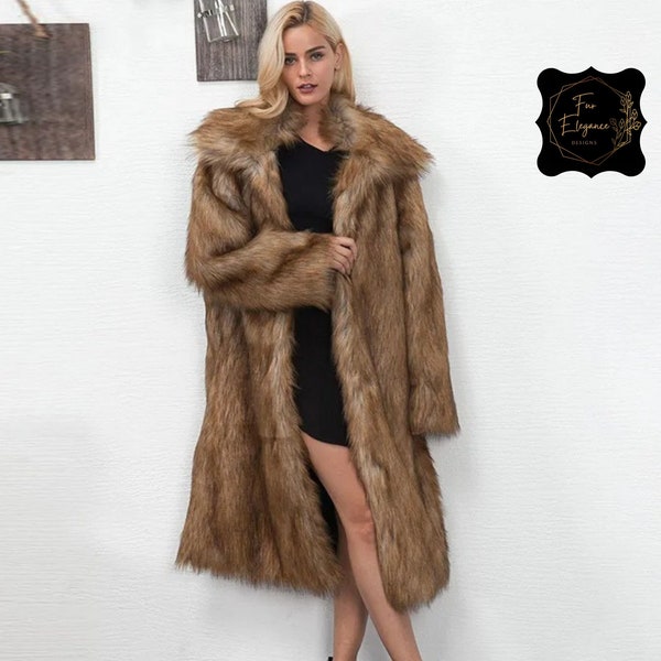 Luxury Furry Faux Fur Long Coat | Women's Thick Warm Winter Overcoat | Turndown Collar & Pockets | faux fur coat | mink | long fur coat