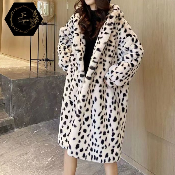 Spotted Faux Fur Coat | Thick Warm Long Overcoat | Loose Hooded Outerwear | Fuzzy Winter Fashion Statement with Pockets