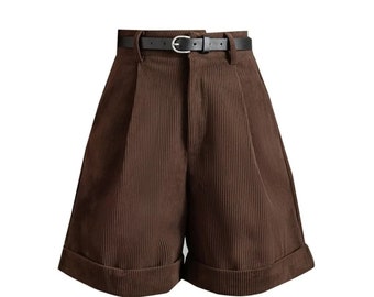 Corduroy casual cargoshort | Korte streetwear met wijde pijpen | Shorts met hoge taille en riem