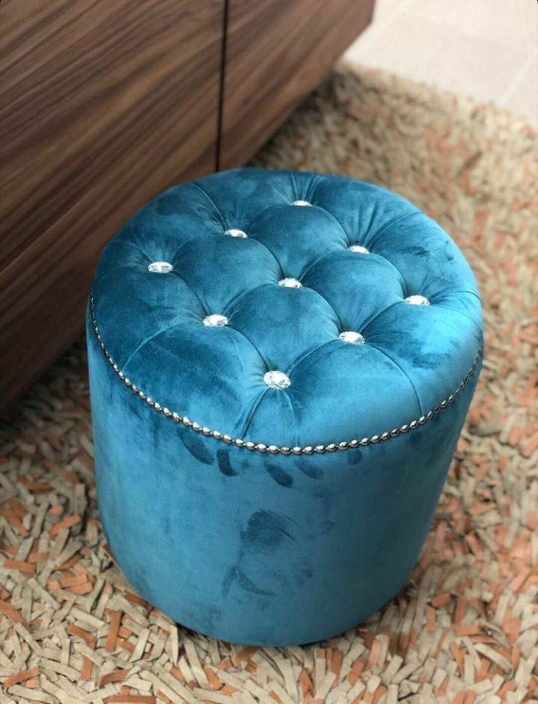 Velvet Round Pouffe, Crystal Button, Tufted Stool, Handmade Upholstered ...
