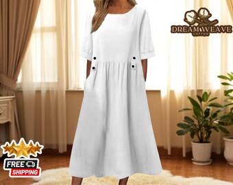 A-Line Midi Dress with Pockets | Relaxed Boho Summer Style | Soft Comfy Fit | Women&#39;s Casual Outfit | Timeless Everyday Fashion Piece