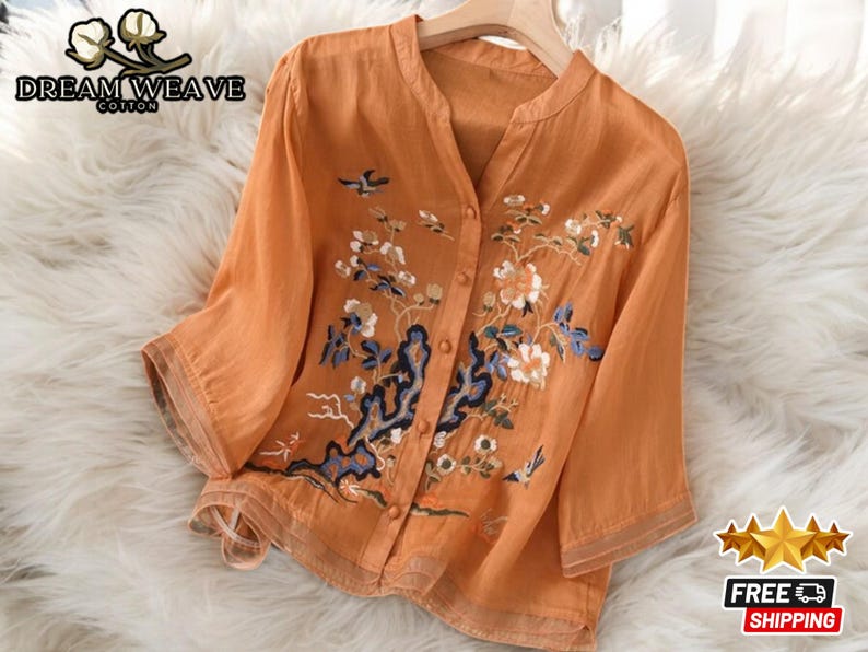Women Summer Floral 100%Cotton Stand Collar Shirt