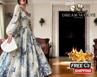 Beaded Chiffon Maxi | Vintage V-Neck Dress | Printed Lantern Sleeve | Boho Autumn Gown | Elegant Long Hem | Spring Fashion Piece