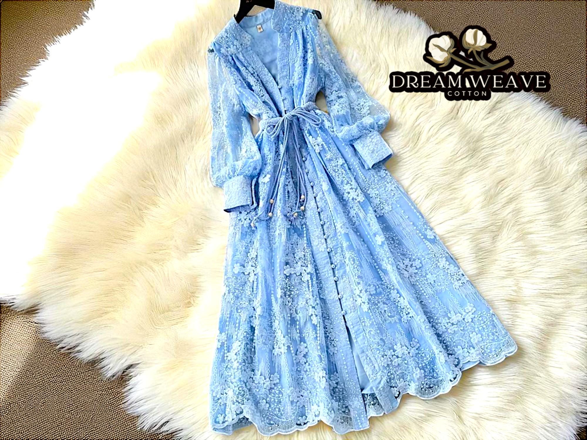 Lace Embroidered Maxi Dress | Tie Waist Long Sleeve Gown | Elegant Button-Up Front | Flowing Romantic Style | Special Occasion Outfit