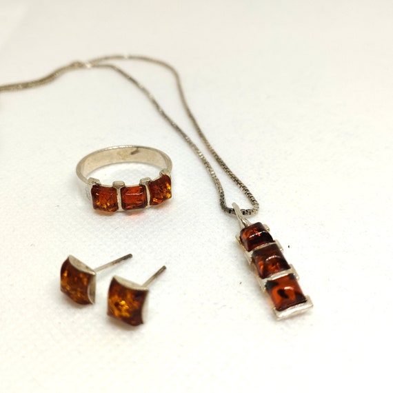 Set of old jewelry, ring earings pendant, Amber, … - image 2