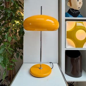 Rare DGBM by Graewe Mushroom Table Lamp – Mid Century Modern Yellow Metal Desk Light, German 1970s