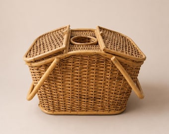 Vintage Rattan Picnic Basket with Wine Holder | Boho Picnic Basket | Retro Summer Picnic Decor | Champagne Basket | Vintage Outdoor Style