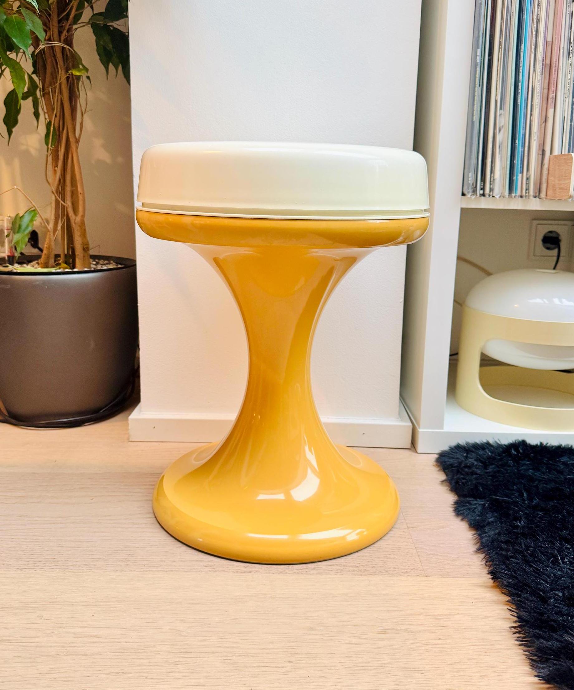 EMSA Vintage Yellow and White Stool Side Table 70s Retro Space Age Mid Century Modern Panton Era