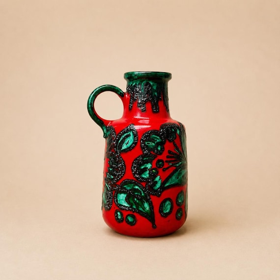 A genuine XL 40cm West German Fat Lava jug in that insane red-green volcanic glaze — this is the real deal vintage Bauhaus-era ceramic that collectors actually hunt for.
